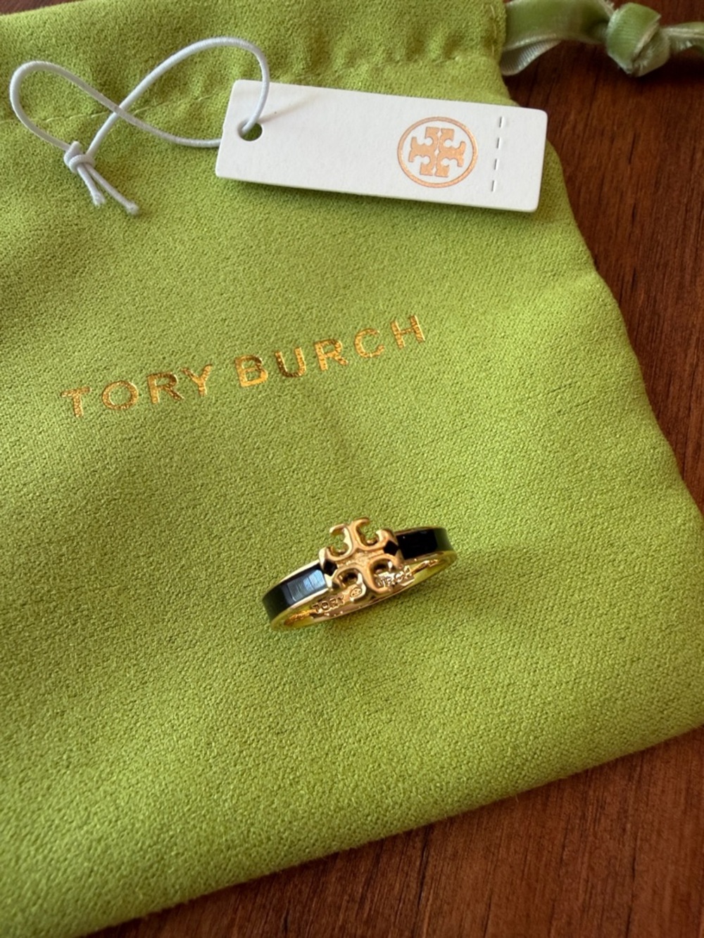 Tory Burch Gold Ring with Black Enamel Logo Band